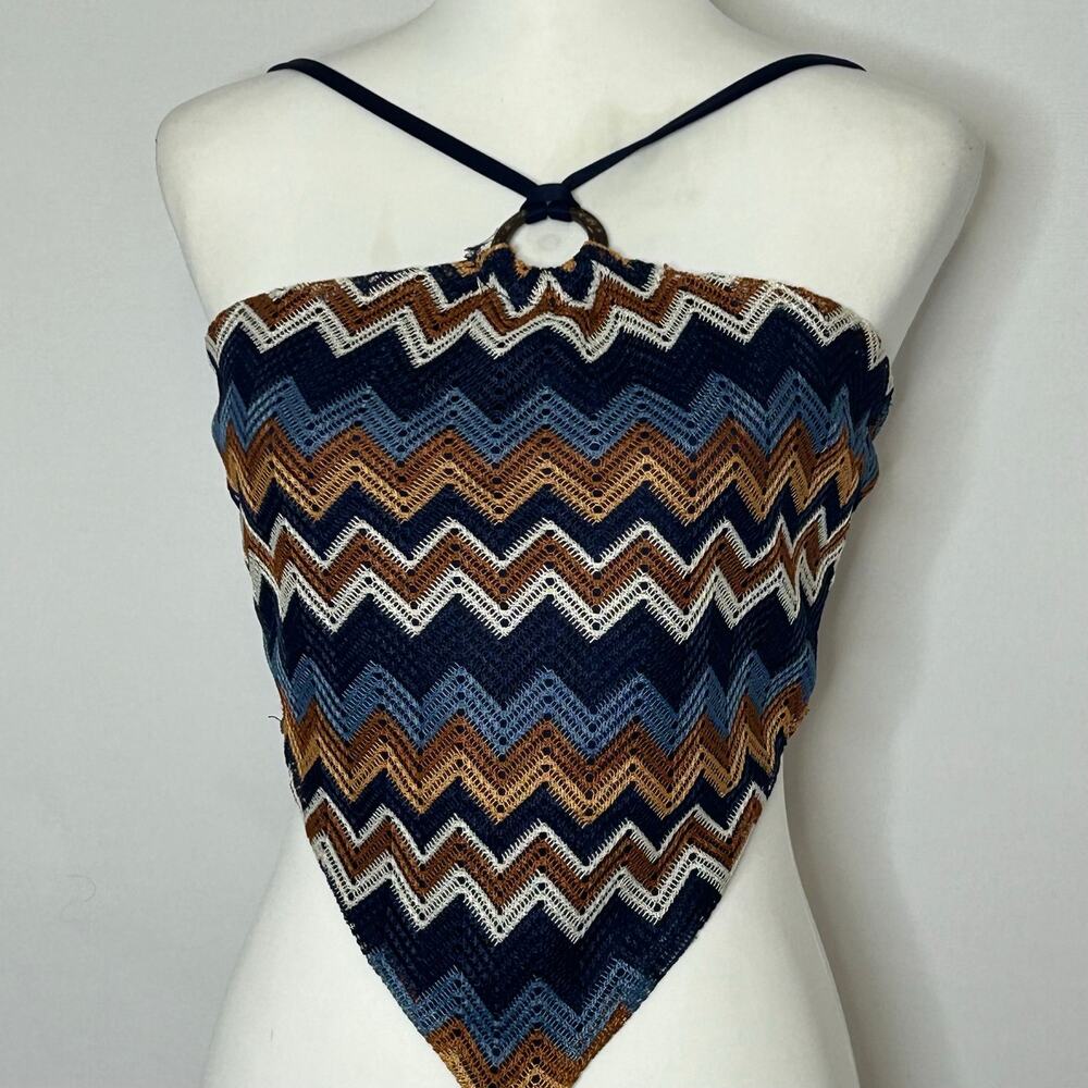 Chase Fame Chevron Crochet Handkerchief Hem Halter Tie Top Size M Y2K Boho